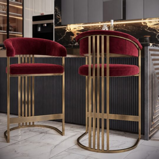 Burgundy velvet bar stool in front and rear views, with a curved padded back and brushed oxidised metal frame.
