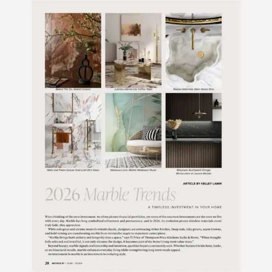 Page 28 of Chesterfield City Lifestyle, April 2026, showing 2026 Marble Trends with a Juliettes Interiors coffee table