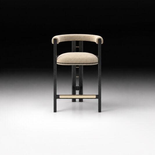 Front view of luxury cream bouclé bar stool with dark ash frame