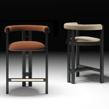 Luxury upholstered wooden counter stool shown from the front and rear