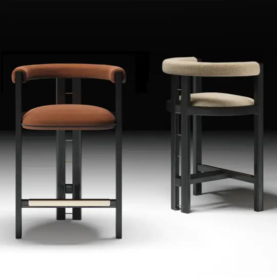 Luxury upholstered wooden counter stool shown from the front and rear