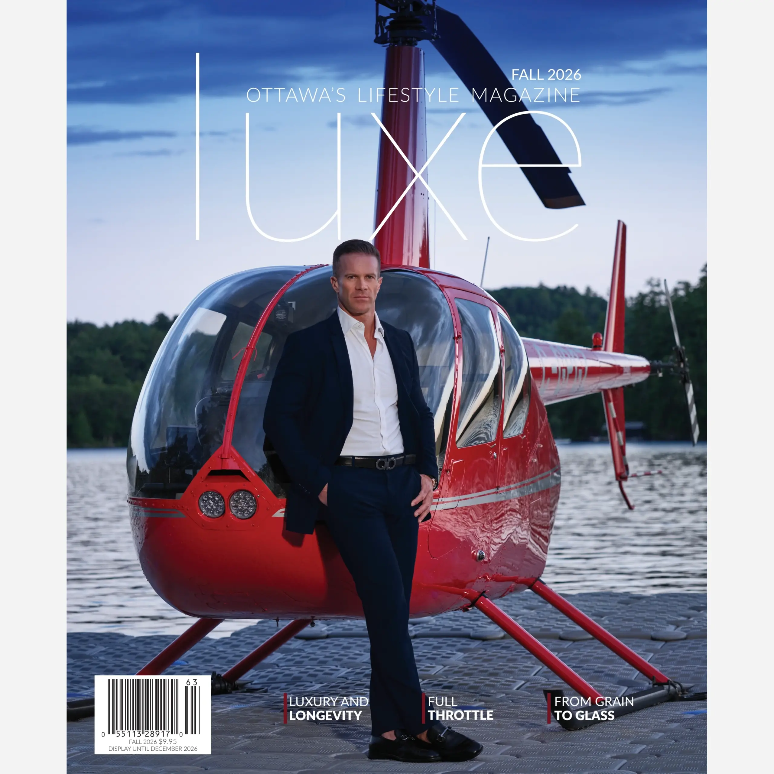 Front cover of LUXE Ottawa, Fall 2026, showing a man beside a red helicopter