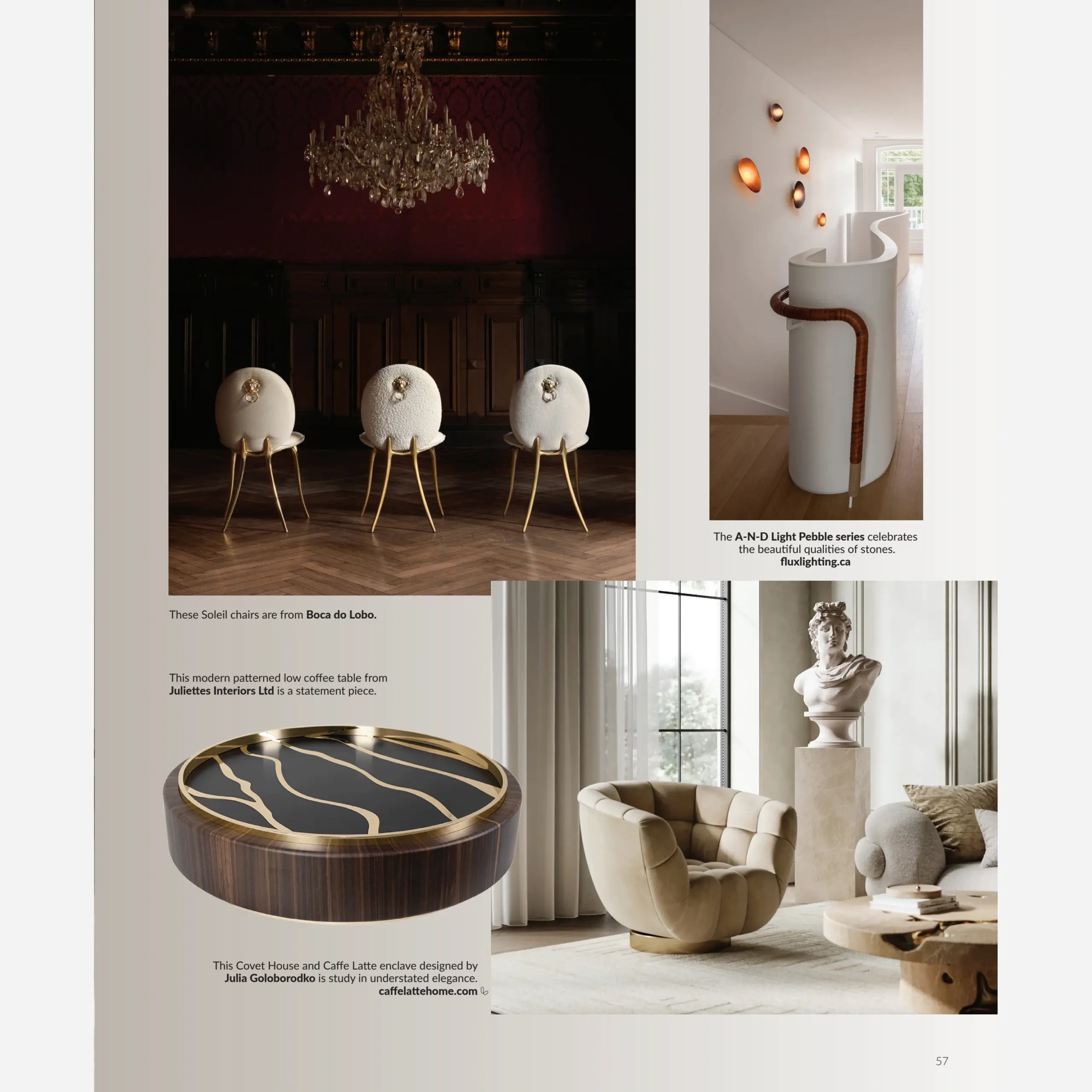 Page 57 of LUXE Ottawa Fall 2026, showing a Juliettes Interiors patterned low coffee table in Home Chic Home