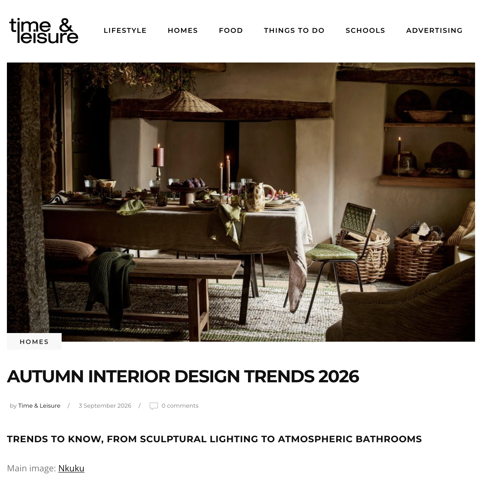 Time & Leisure Autumn Interior Design Trends 2026 article opening with an interior photograph credited to Nkuku