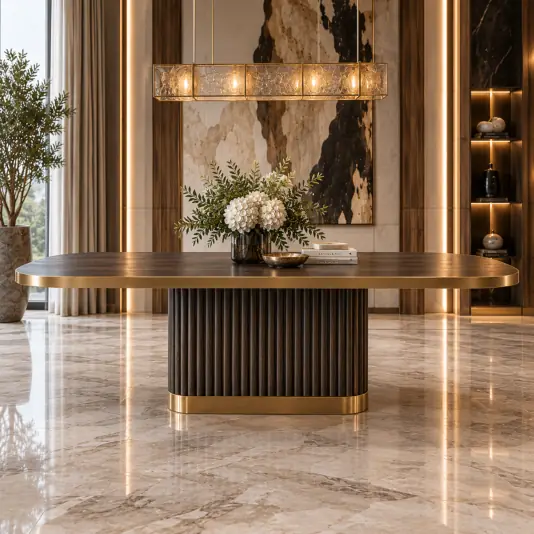Luxury walnut dining table with dark brown walnut-veneer top, brushed-gold edging and central fluted pedestal