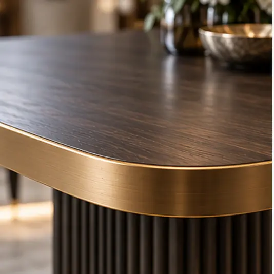 Luxury Dark Brown Walnut Veneer Dining Table with Fluted Pedestal Close-up of rounded dark brown walnut-veneer tabletop corner with brushed-gold metal edging