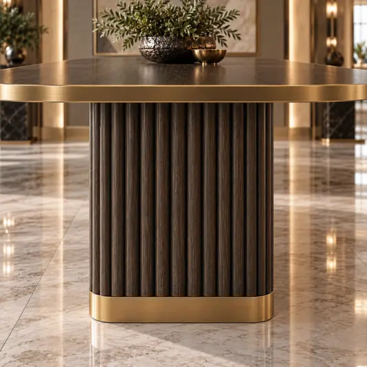Luxury Dark Brown Walnut Veneer Dining Table with Fluted Pedestal Close-up of dark brown vertical fluting on the central pedestal above a brushed-gold plinth