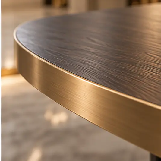 Luxury Dark Brown Walnut Veneer Dining Table with Fluted Pedestal Close-up of satin dark brown walnut wood grain with a brushed-gold edge band