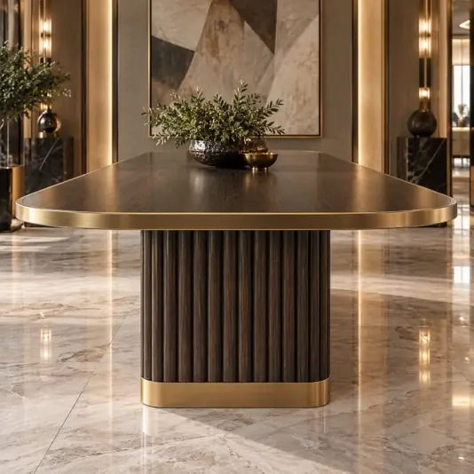Luxury Dark Brown Walnut Veneer Dining Table with Fluted Pedestal Dark brown walnut dining table viewed head-on with a central fluted pedestal and brushed-gold edging