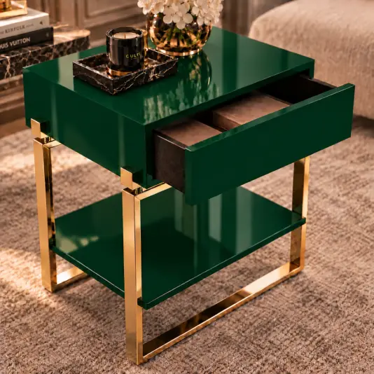 Emerald Green Bedside Table with Polished Brass Frame Emerald green bedside table with open drawer, lower shelf and polished brass frame