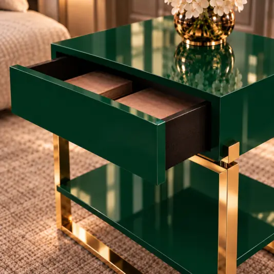 Emerald Green Bedside Table with Polished Brass Frame Glossy emerald green tabletop and open drawer above the lower shelf