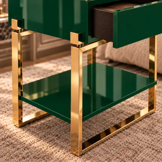 Emerald Green Bedside Table with Polished Brass Frame Polished brass frame and glossy green lower shelf of the bedside table