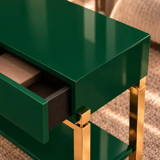 Emerald Green Bedside Table with Polished Brass Frame Close view of glossy green bedside cabinet, open drawer and brass frame