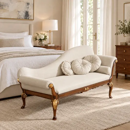 Ivory upholstered chaise longue with sweeping back and walnut-toned carved frame in a light bedroom