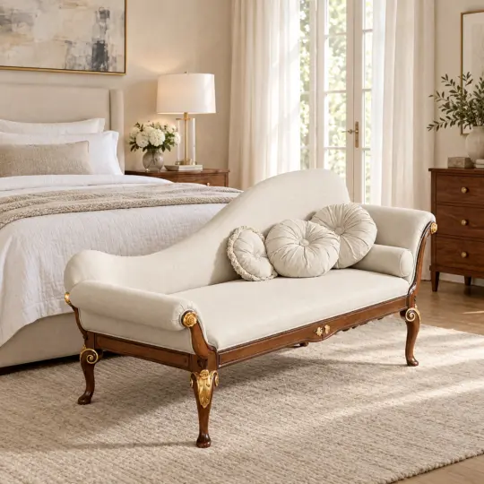 Ivory upholstered chaise longue with sweeping back and walnut-toned carved frame in a light bedroom