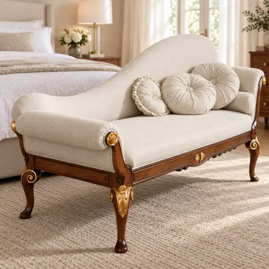 Front-left close-up of the ivory chaise longue with rolled arm, gold scroll and walnut-toned front leg