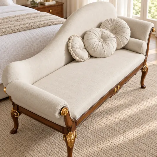 High-angle view of the ivory upholstered chaise longue seat, sweeping back and walnut-toned frame