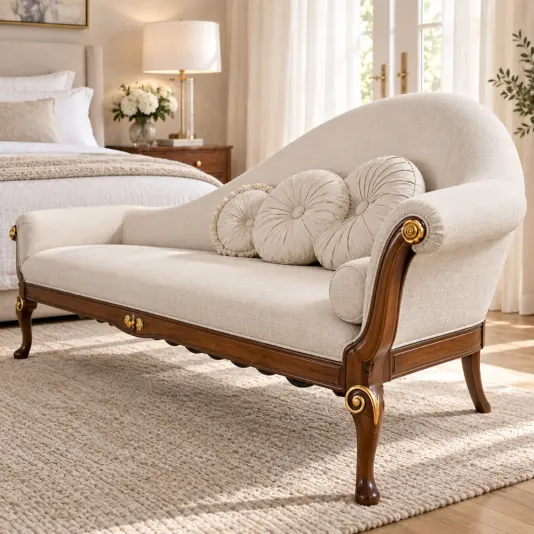 Right-end view of the ivory upholstered chaise longue with rolled arm, gold scroll detail and curved leg