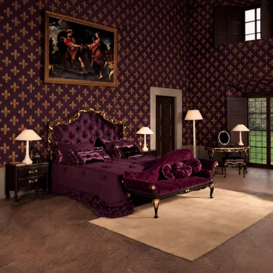 Reproduction whimsygothic Chaise Longue Bedroom chaise longue in a plum and gold whimsigoth interior