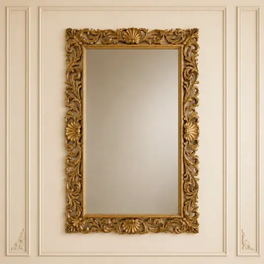 Full front view of the ornate gold wall mirror with scrolling frame