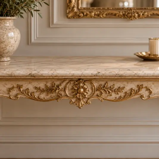 Centre apron of the cream and gold Baroque console table with floral gold leaf scrollwork