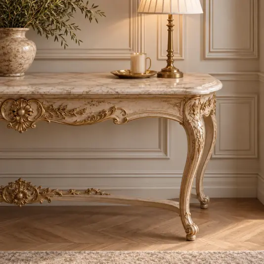 Curved right leg and floral gold leaf carving beneath the pale marble top