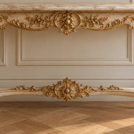 Floral gold leaf ornament and scrollwork on the lower stretcher