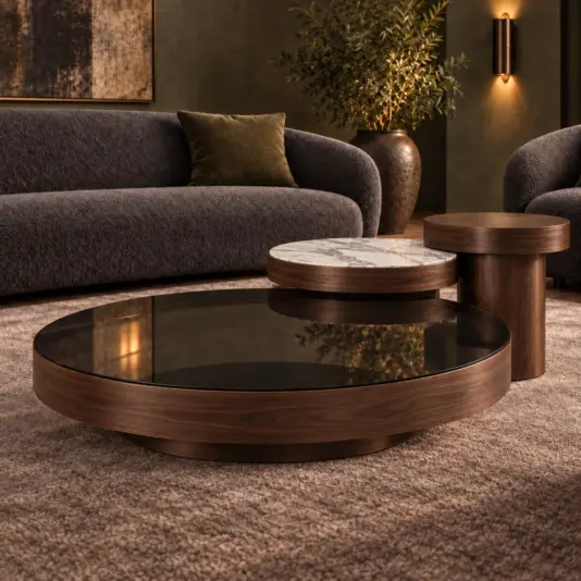 Walnut coffee table set with a recessed circular plinth, bronze glass, white marble effect porcelain and matching brown wood veneer.