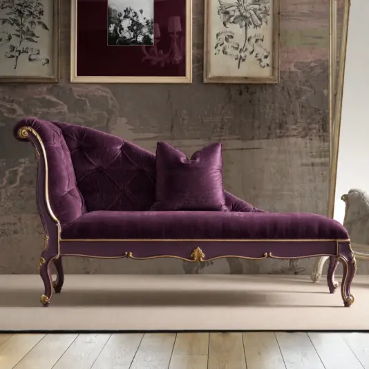 Deep Amethyst Whimsigothic Chaise Longue Purple velvet chaise longue with a tufted sweeping back, rolled arm and gold-toned frame, shown from the side