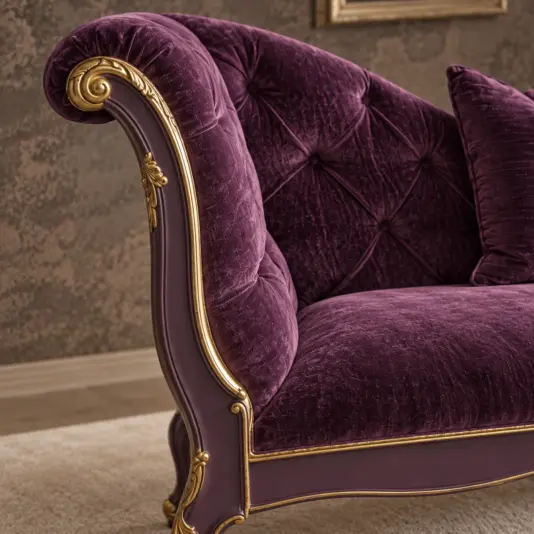 Deep Amethyst Whimsigothic Chaise Longue Close view of the deep amethyst velvet chaise showing its rolled arm, button tufting and gold-toned trim