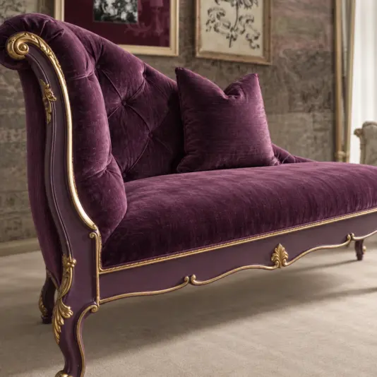 Deep Amethyst Whimsigothic Chaise Longue Purple velvet chaise longue with button-tufted back, matching cushion and sweeping seat in close view
