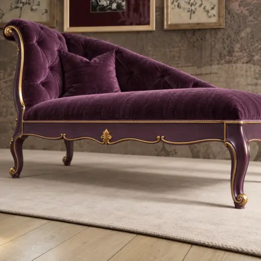 Deep Amethyst Whimsigothic Chaise Longue Close view of the chaise front rail with amethyst-painted wood, gold-toned scrolls and velvet seat
