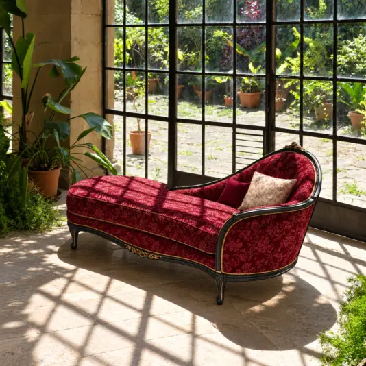 Angled view of a burgundy floral chaise lounge with black carved frame and gold-tone edging in a sunlit garden room