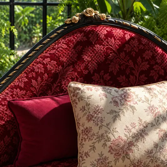 Large Classic Whimsigothic Chaise Lounge Close view of the gold-tone rose crest and burgundy floral backrest on the Whimsigothic chaise lounge