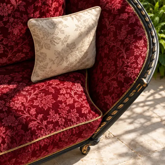 Large Classic Whimsigothic Chaise Lounge Curved side of a burgundy floral chaise lounge with gold-tone piping and a black carved frame