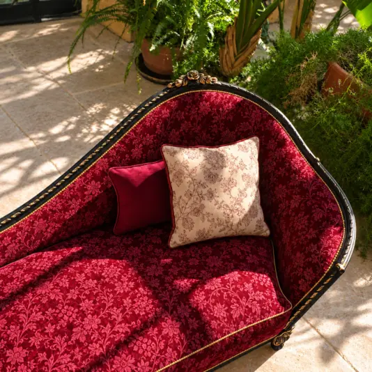 Large Classic Whimsigothic Chaise Lounge Overhead view of the burgundy floral chaise lounge with cream floral and burgundy cushions