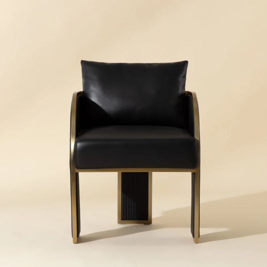 Art Deco Black Faux Leather Dining Chair Black faux leather dining chair with gold frame, front view