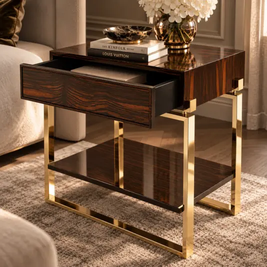 Veneered Art Deco Inspired Bedside Table Angled view of the Art Deco bedside table with its drawer open and polished brass frame visible