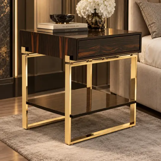 Veneered Art Deco Inspired Bedside Table Art Deco bedside table in dark wood veneer with a polished brass metal frame and lower shelf