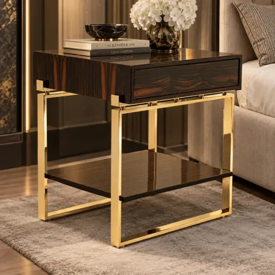 Art Deco bedside table in dark wood veneer with a polished brass metal frame and lower shelf
