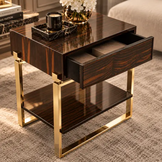 Veneered Art Deco Inspired Bedside Table Dark wood bedside table with its single drawer open above a veneered shelf