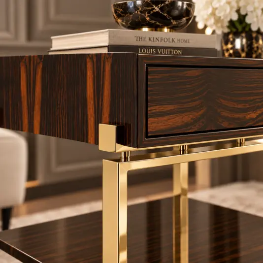 Veneered Art Deco Inspired Bedside Table Detail of dark wood bedside table veneer grain and polished brass metal frame