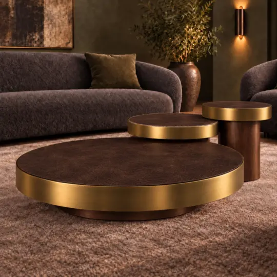 Brown leather coffee table set of three with brushed brass rims, walnut bases and a recessed circular plinth.