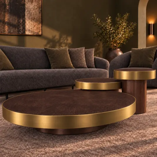 Set Of 3 Brown Leather And Brass Coffee Tables Three coordinated circular tables on cylindrical walnut bases in a dark olive sitting room.