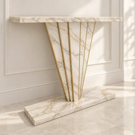 Art Deco Calacatta Oro Marble Console Table with Bra Angled concept visualisation of a Calacatta Oro marble console table with warm ivory stone and brushed brass bands.