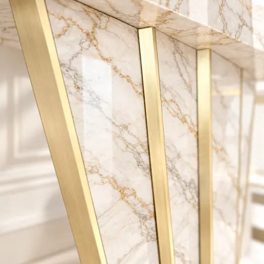 Art Deco Calacatta Oro Marble Console Table with Bra Concept detail of geometric brushed brass inlays on the proposed pale Calacatta Oro marble console table.
