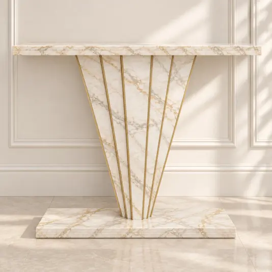 Concept visualisation of a Calacatta Oro marble and brass console table, front view with pale veined stone and brushed brass inlays.