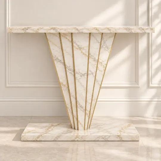 Concept visualisation of a Calacatta Oro marble and brass console table, front view with pale veined stone and brushed brass inlays.