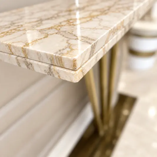 Art Deco Calacatta Oro Marble Console Table with Bra Concept view of the proposed Calacatta Oro marble console table top, showing ivory-white stone, warm grey-gold veins and brass trim.