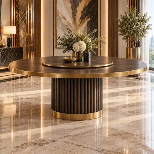 Round pedestal dining table in a dark wood tone with gold-toned edging and a fluted base
